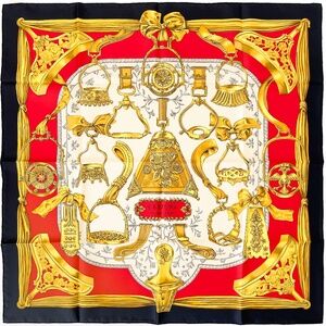 NWT Vintage Hermes Scarf "Etriers" in Red, Black and Gold
